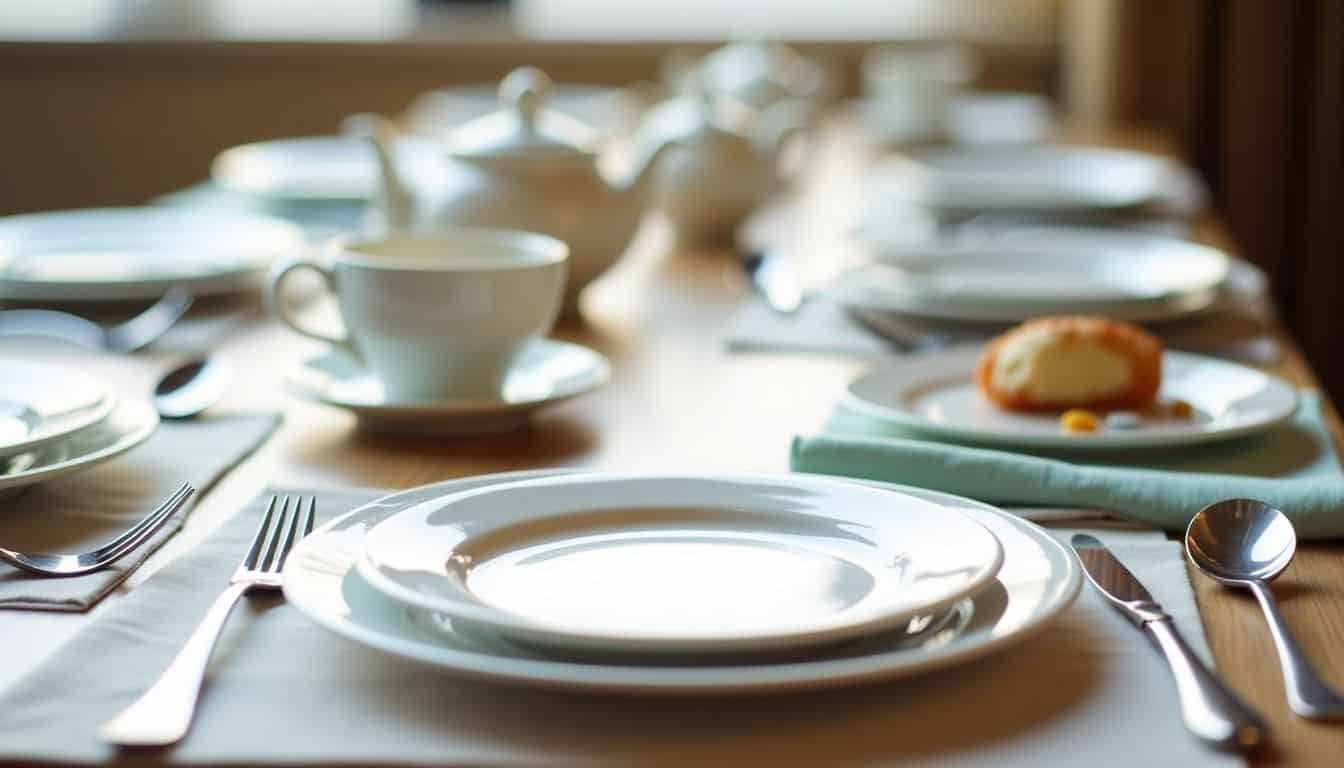 A traditional afternoon tea party table set with utensils and desserts.