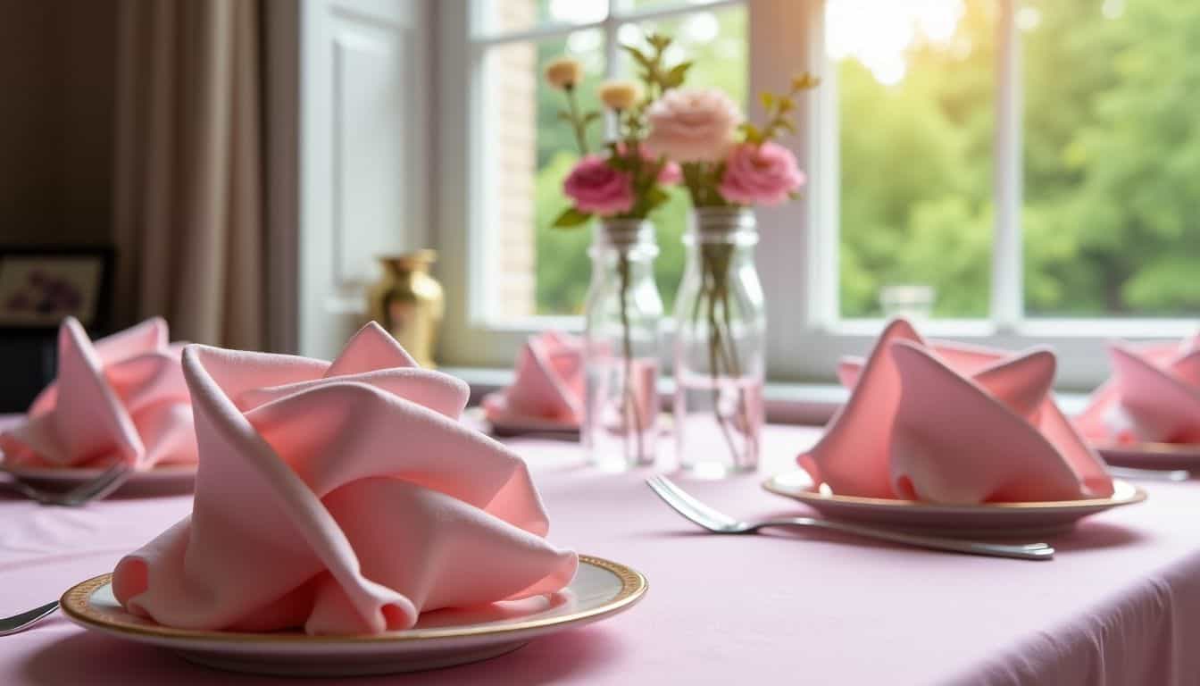 A tea party setting with pink tablecloth, flower-shaped napkins, and vases.