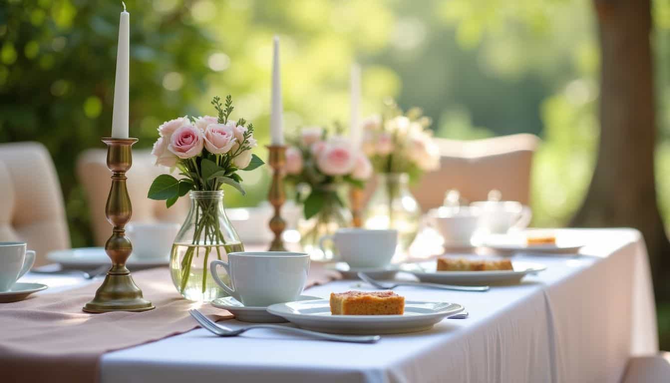 A beautifully arranged tea party table with elegant decorations and practical spacing.