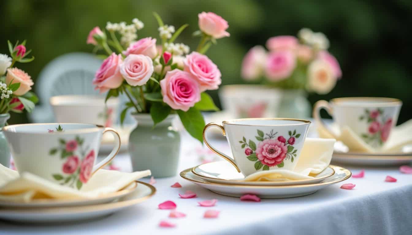 A vintage floral tea party setup with mismatched china and fresh flowers.