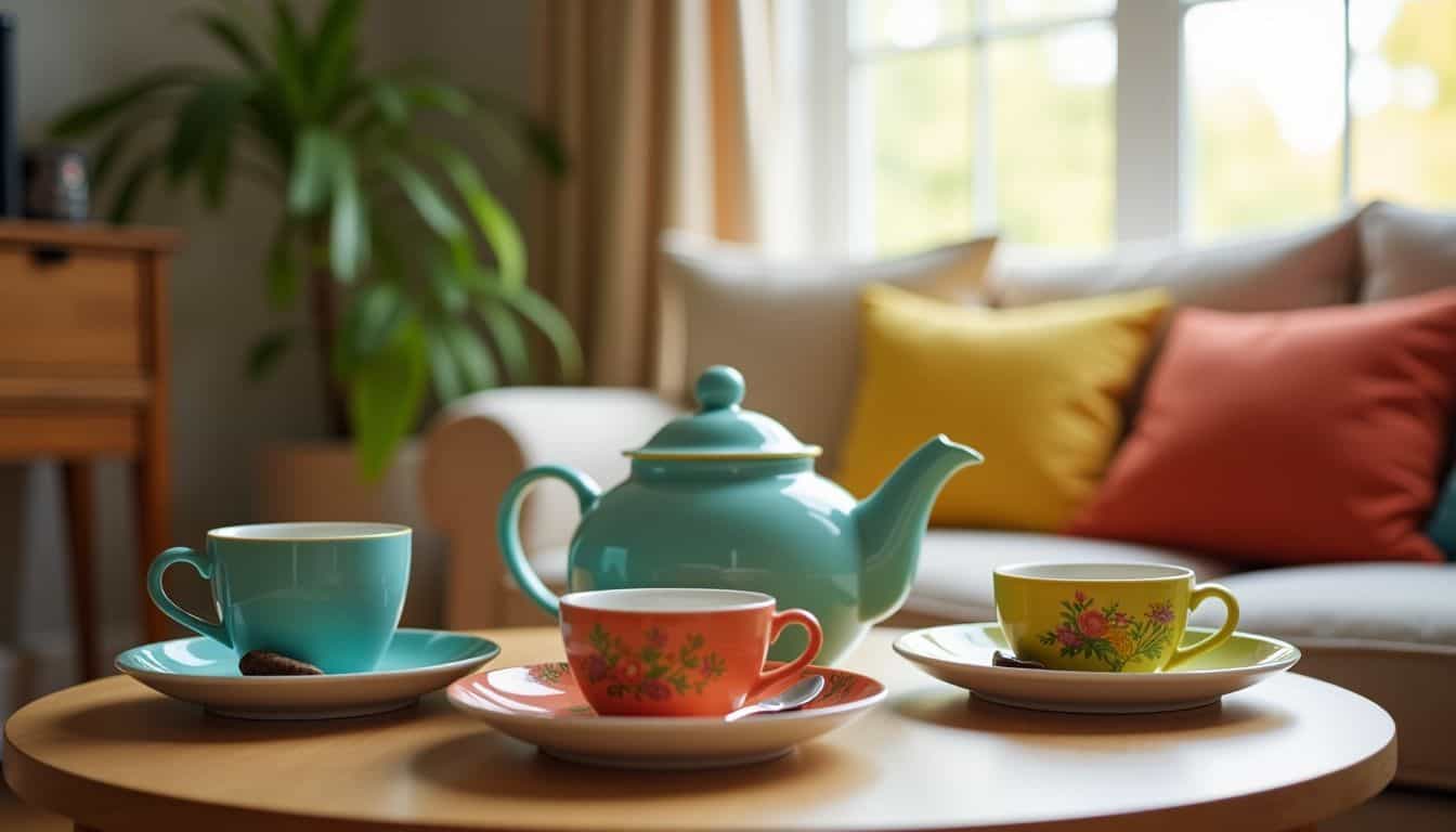 A lively tea party set up in a cozy living room.