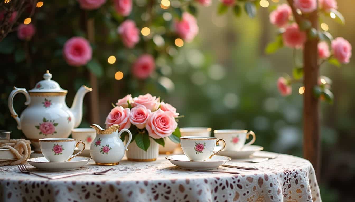 A charming Victorian-style tea party in a cozy garden setting.