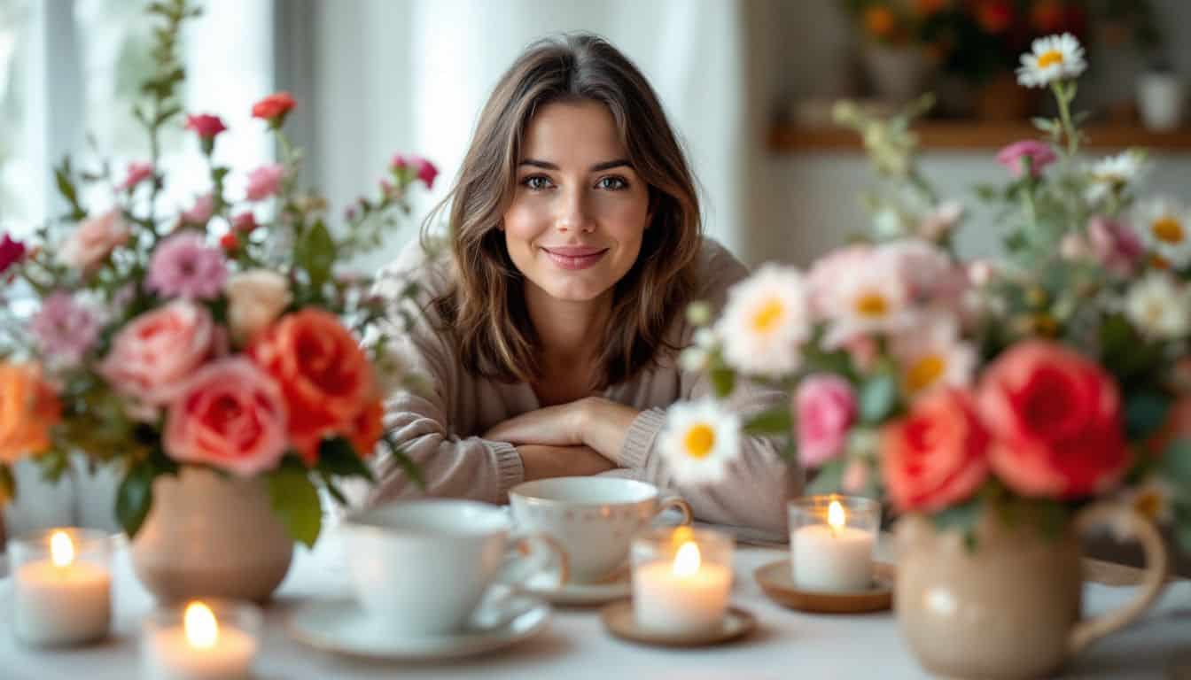 A cozy tea table with flowers, candles, and a relaxed woman.