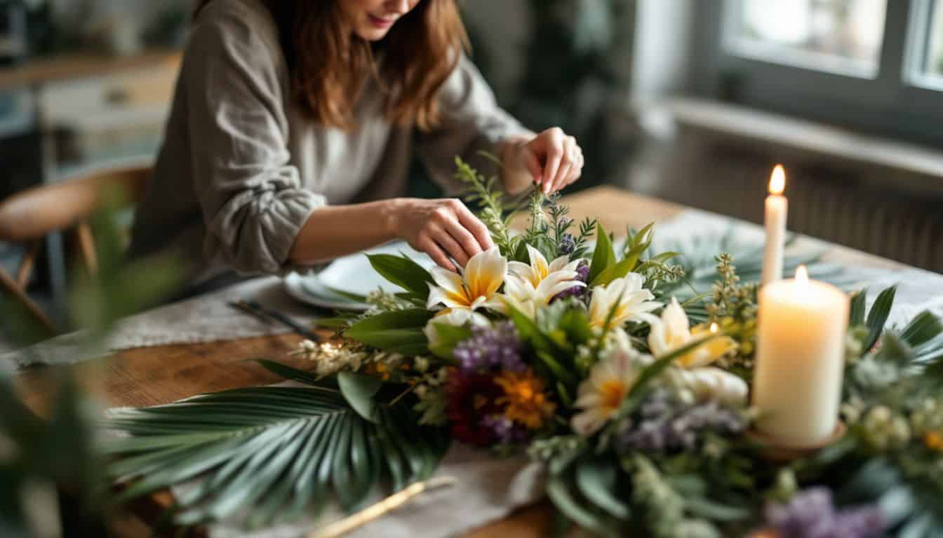 A woman in her mid-30s assembling a DIY floral centerpiece on a rustic wooden table.