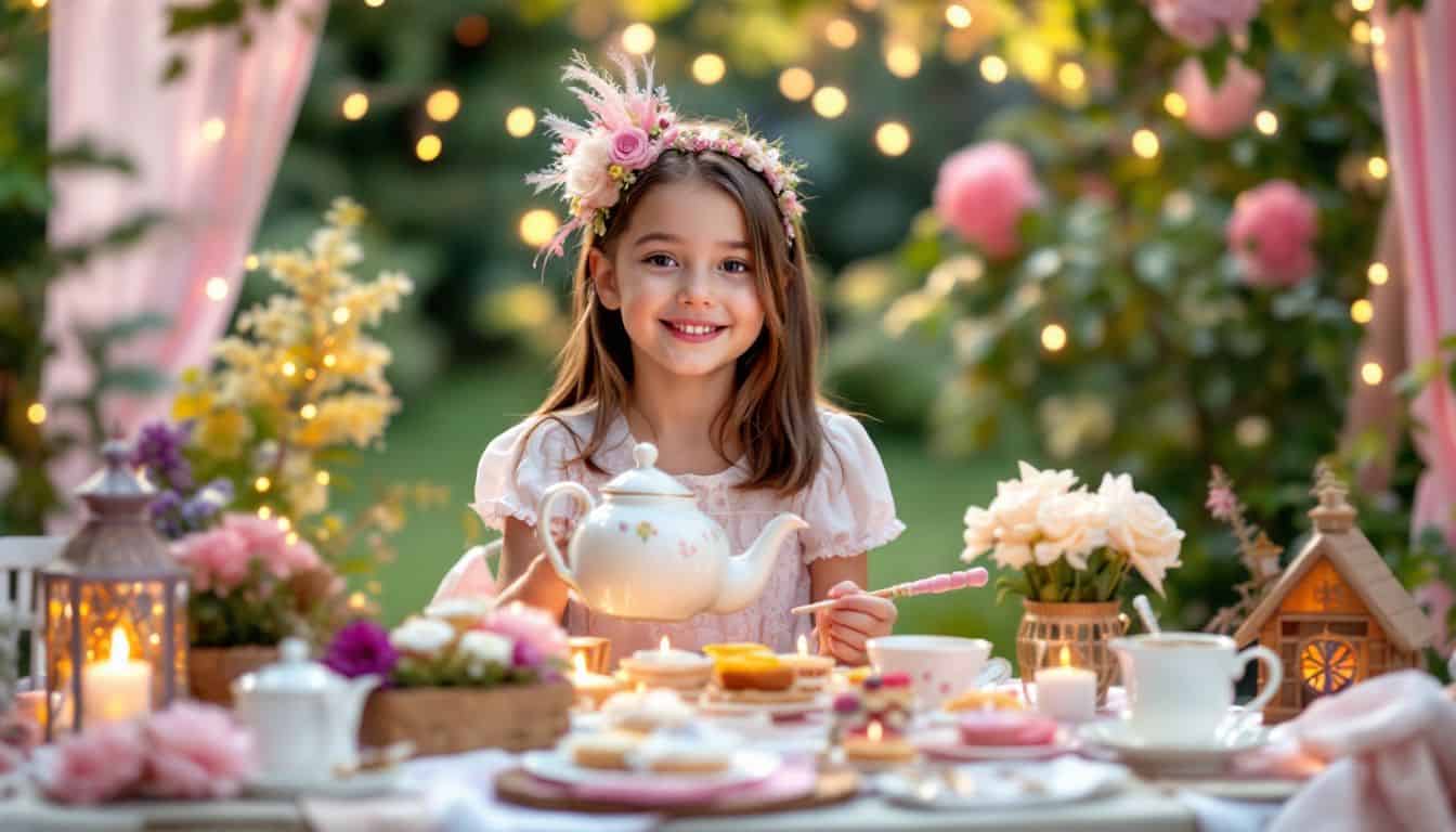 A young girl hosts a whimsical tea party in a garden.