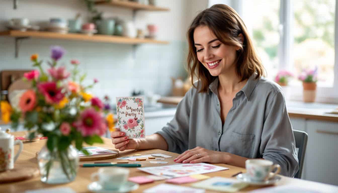 A woman handcrafting personalized tea party invitations in a cozy kitchen.