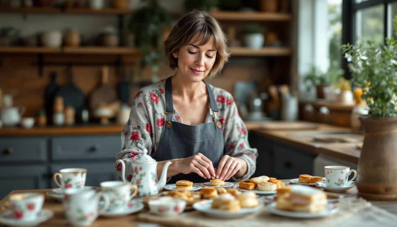 A woman in her 40s arranging a tea spread in a cozy kitchen.