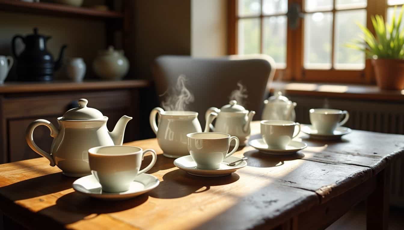 A cozy tea room with a rustic wooden table set with steaming teapots and delicate cups showcasing a variety of teas.