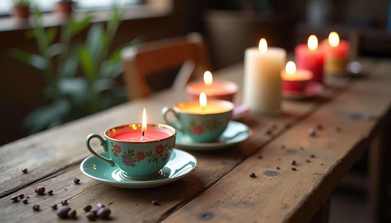 A rustic wooden tea table with vintage tea cup candles.