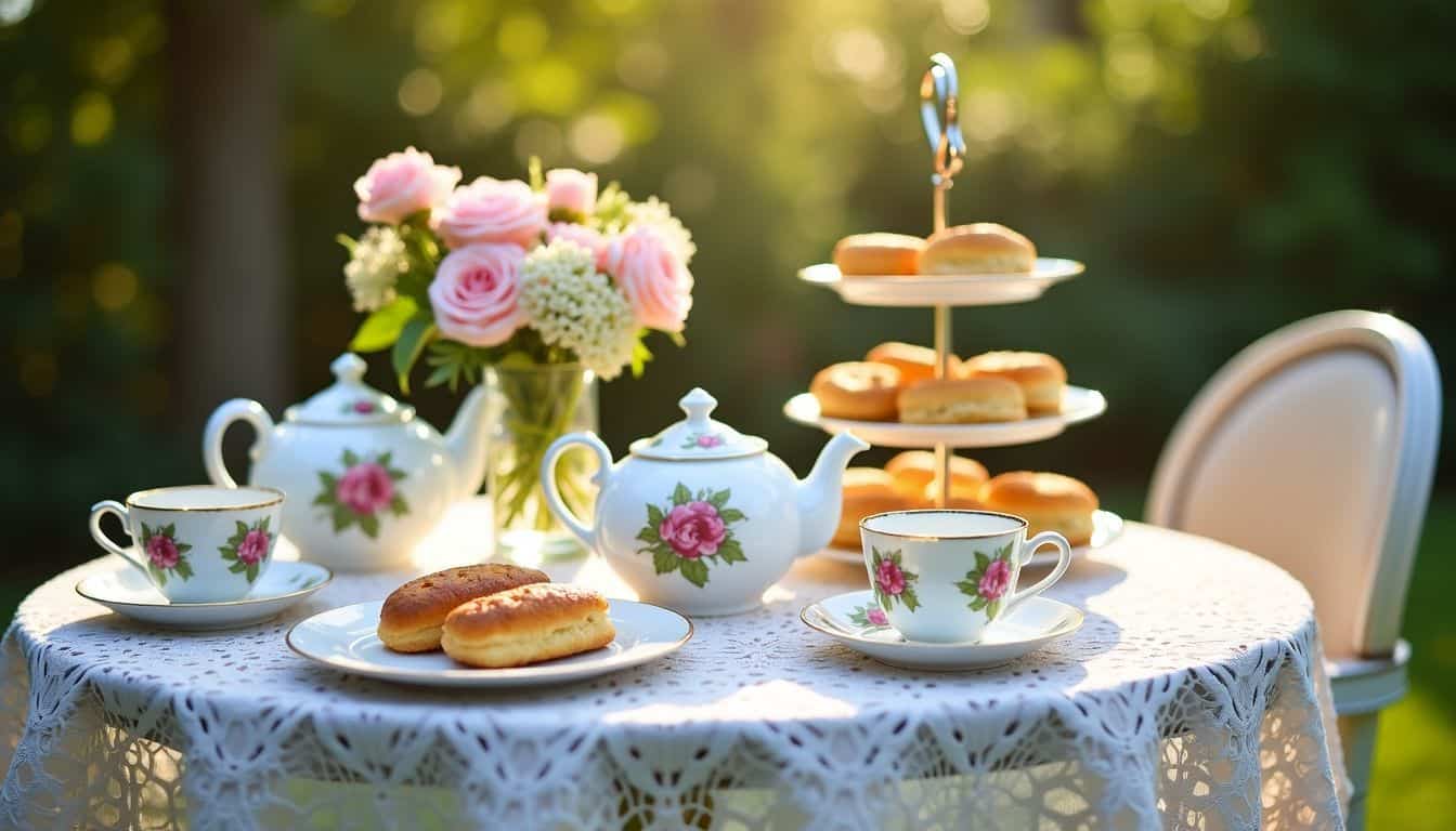 A charming Victorian tea party set up in a sunny garden.