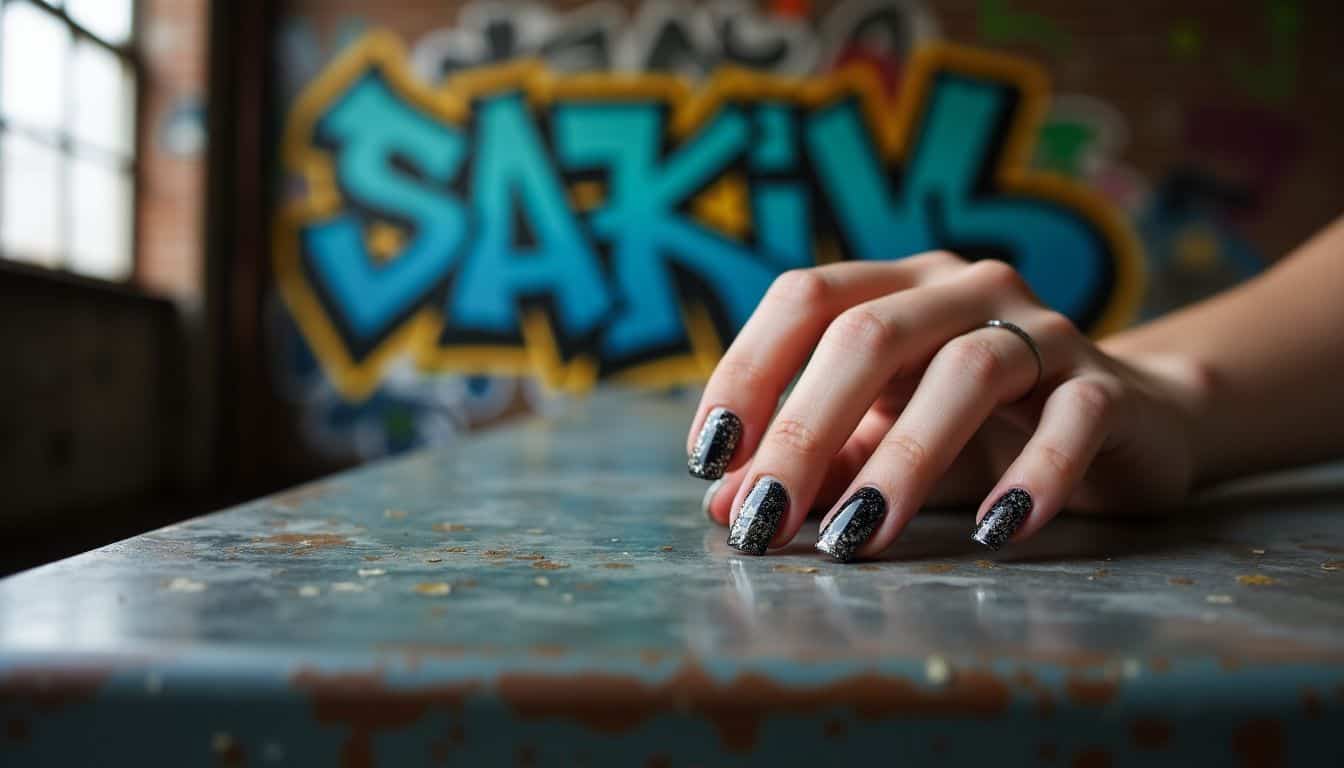 Industrial table with edgy nail designs and urban graffiti backdrop.