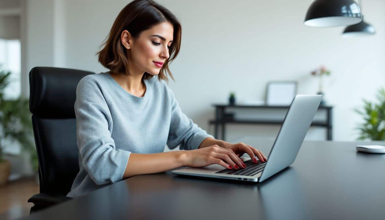 A confident woman working at a minimalist desk in a modern office.