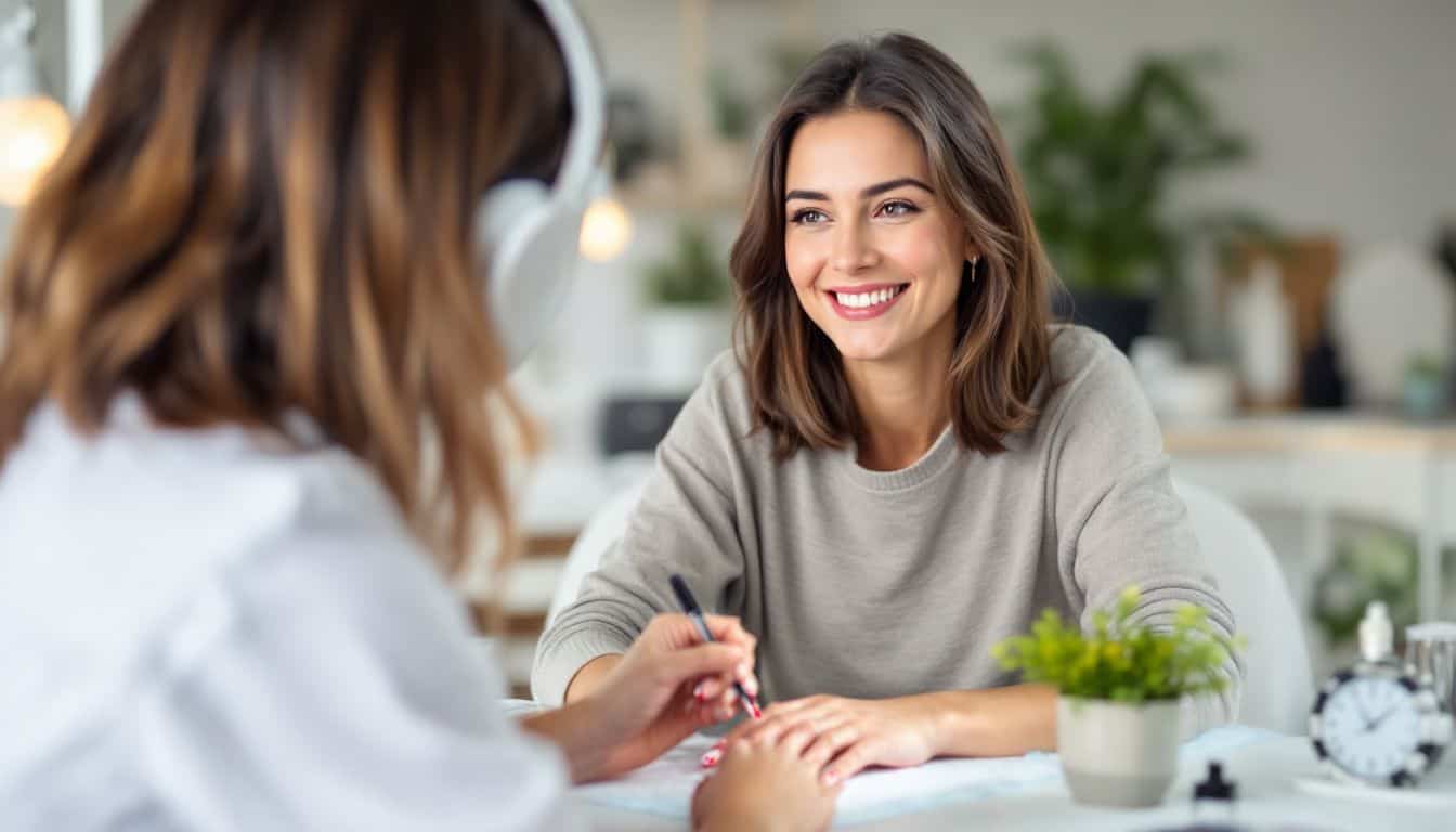 A woman getting a heart French manicure in a nail salon.