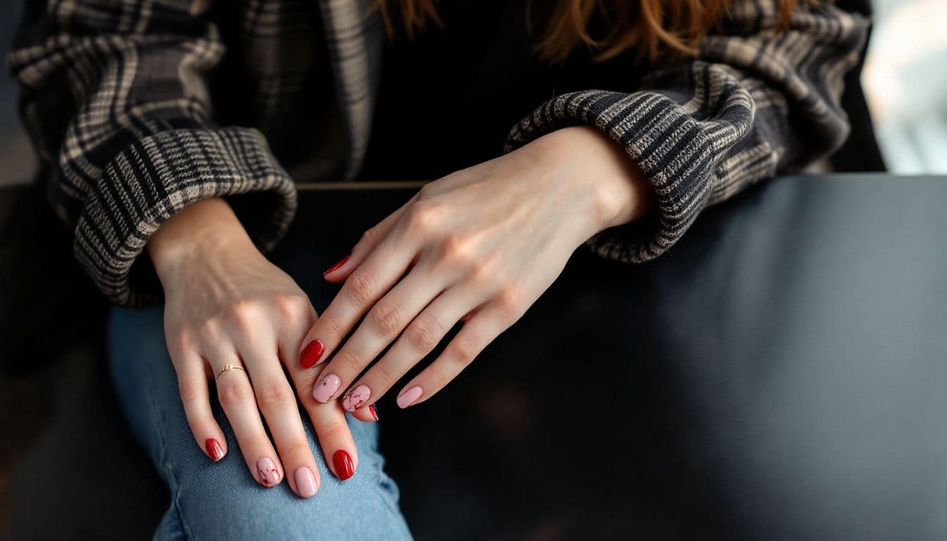 A woman with modern Valentine's Day nail designs sits at a table.