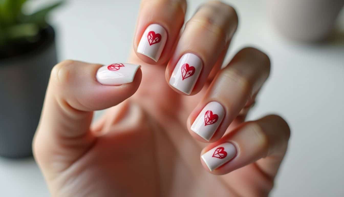 A close-up photo of nails with delicate geometric heart designs.