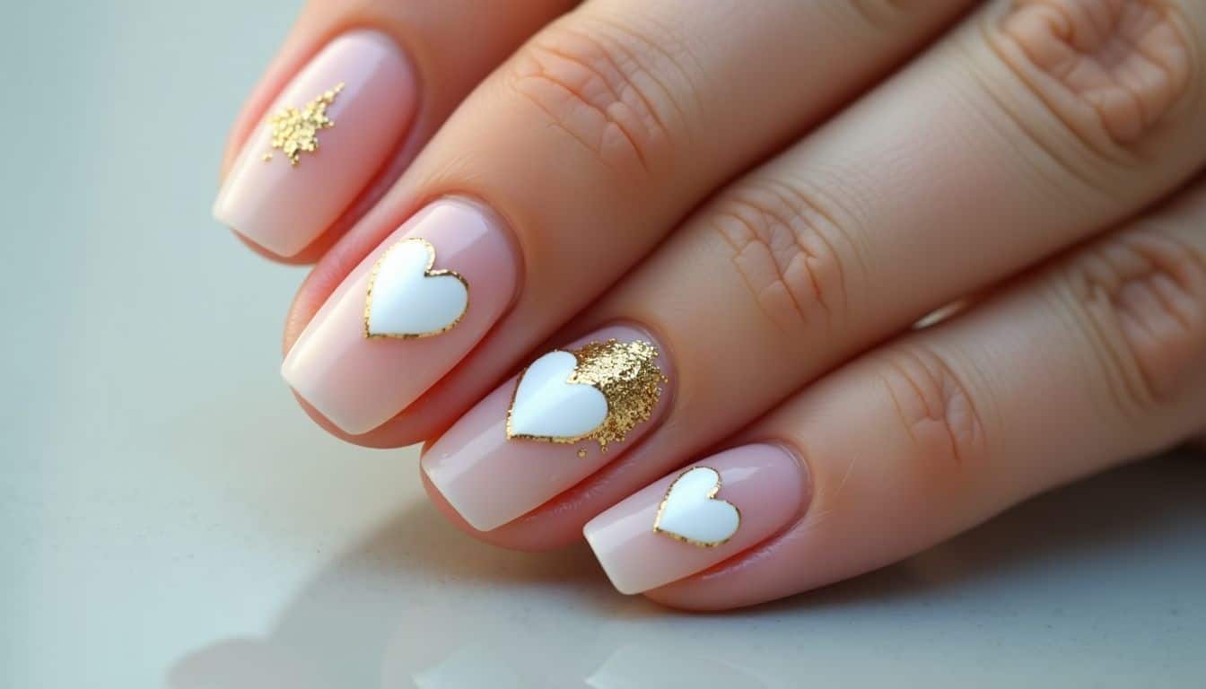 A close-up of stylish modern nail design with white hearts and gold glitter accents.