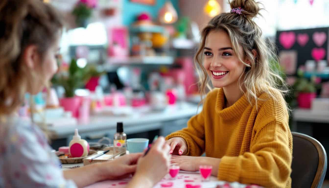 A young woman getting a Valentine's Day themed nail design.