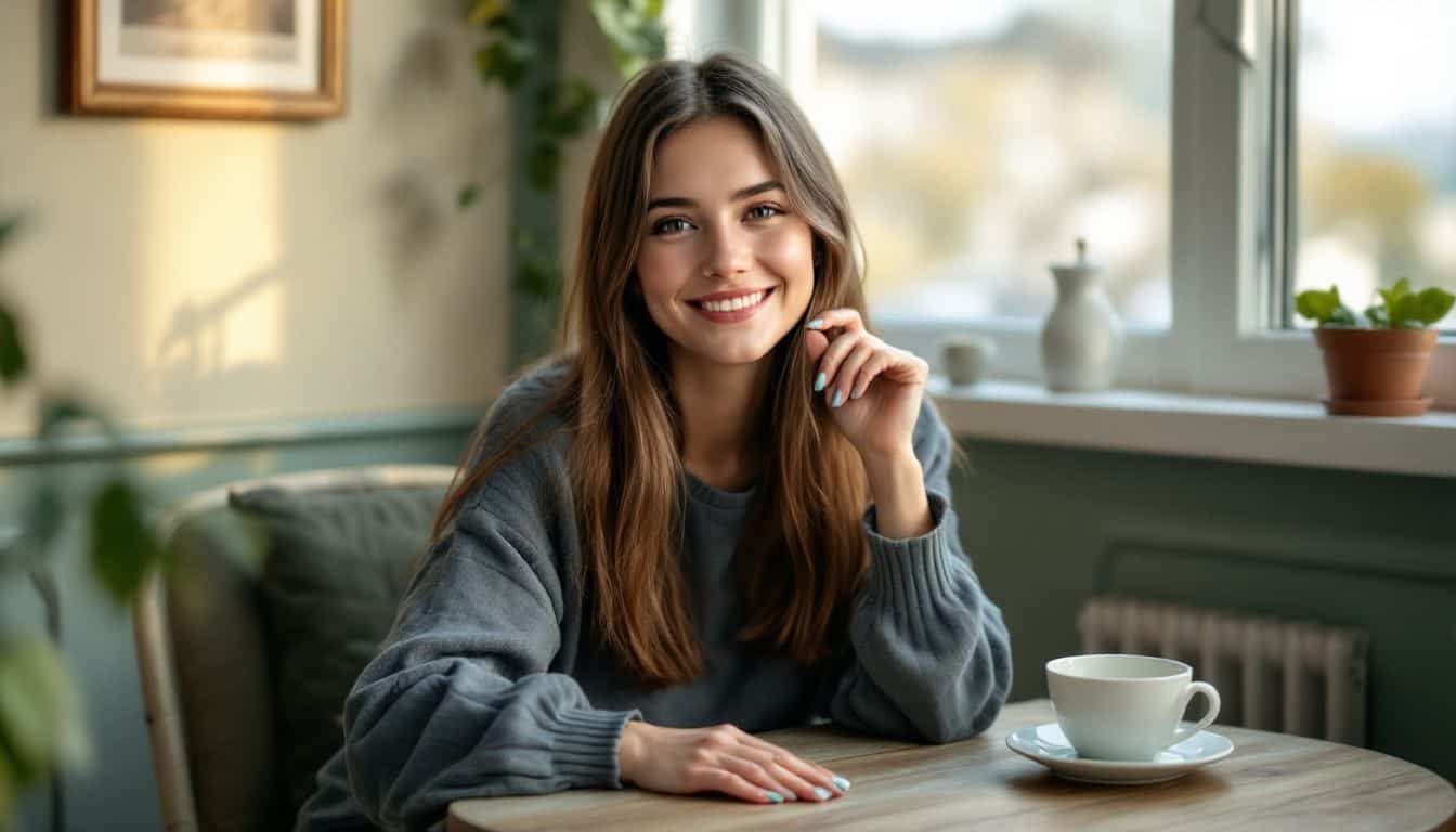 A young woman sitting at a cozy table with vintage design.