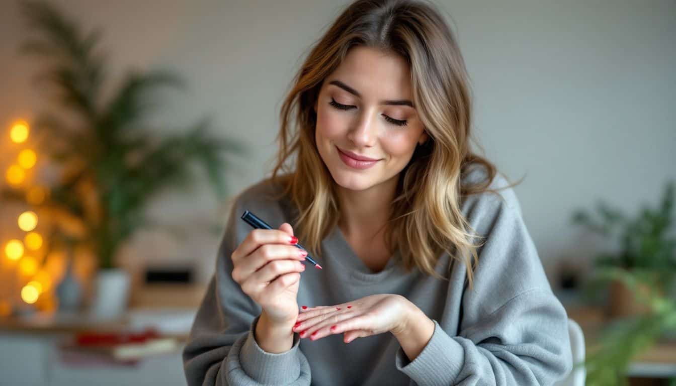 A woman in her 30s paints heart designs for Valentine's Day manicure.