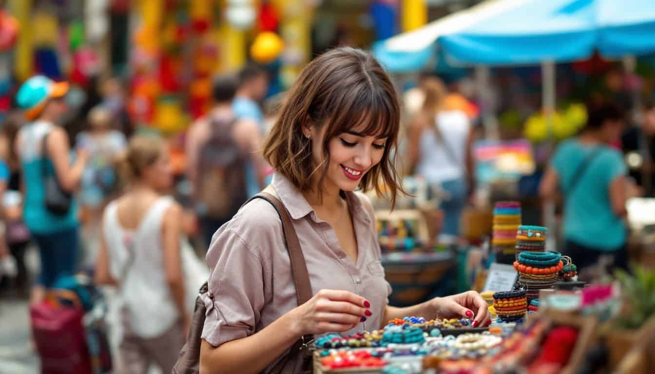 A young woman browsing handmade jewelry at a vibrant outdoor market.