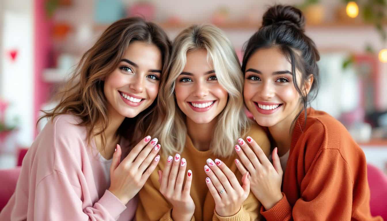 Three young women enjoying Valentine's Day themed nail designs in a salon.