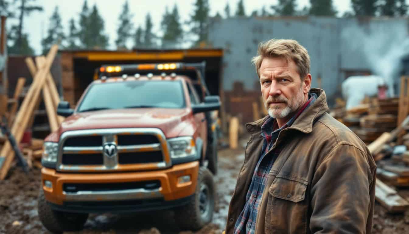 A man in his 40s examines a rugged Ram 2500 truck on a construction site.