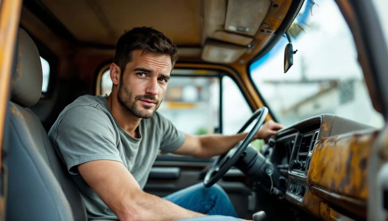 A man examines the worn interior of a used truck.