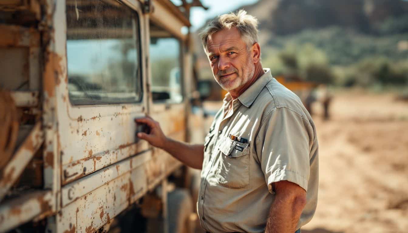 A man inspects a sturdy used pickup truck in a rural area.