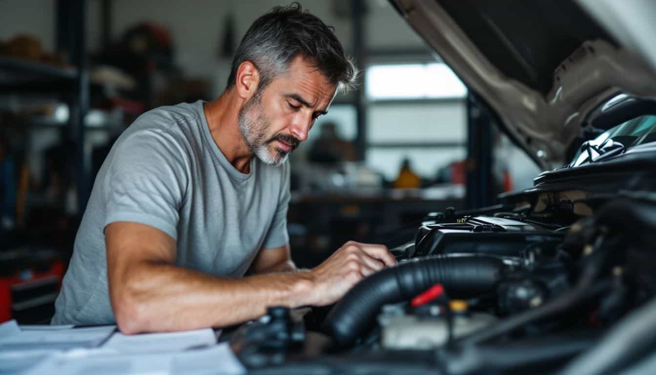 A middle-aged man inspecting a used truck engine in a garage.