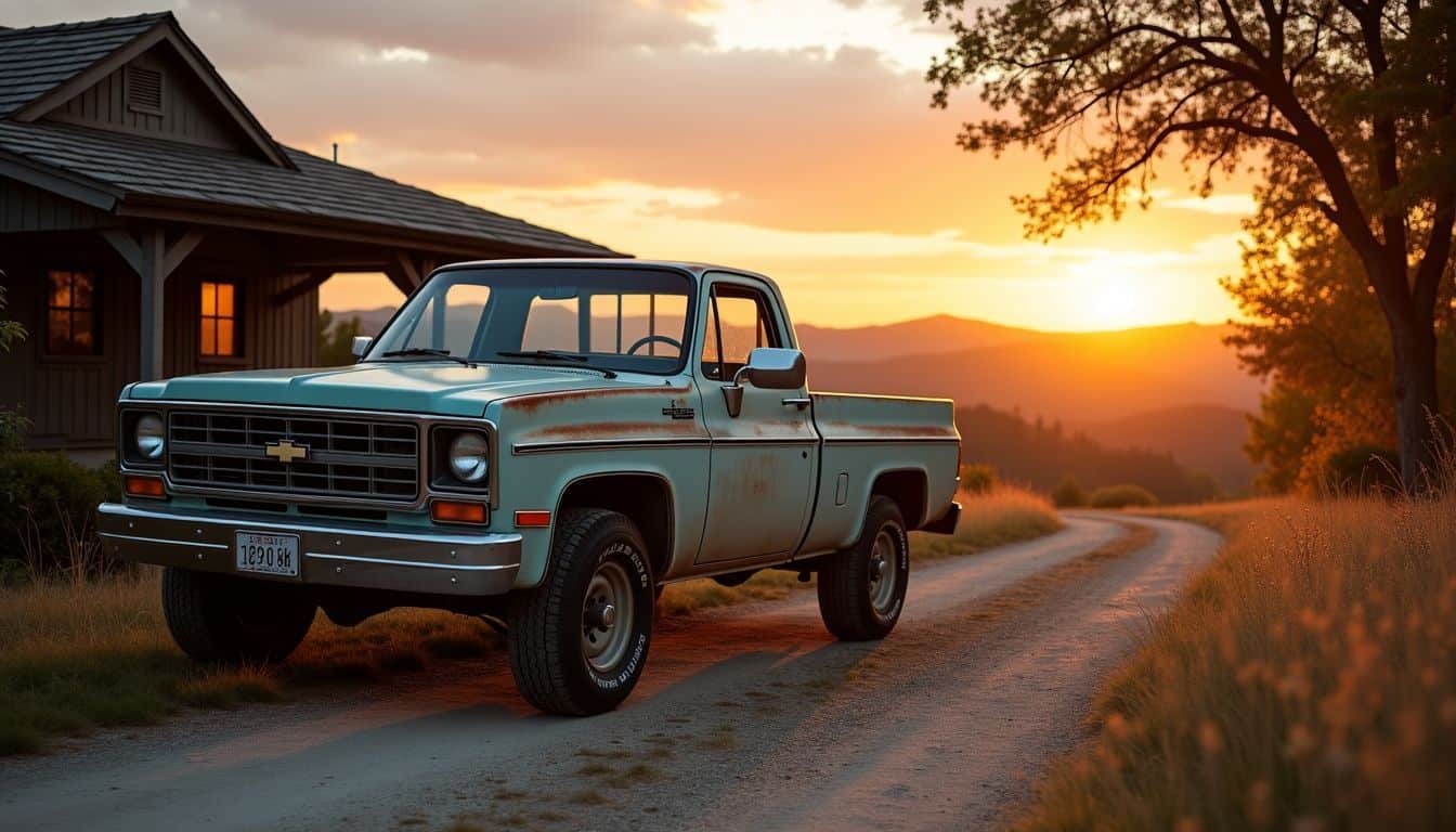 A used truck parked on a rustic driveway at sunset.