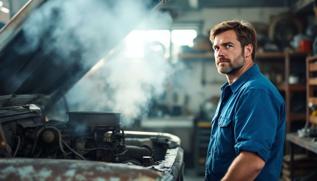 A mechanic examining a worn-down pickup truck in a garage.