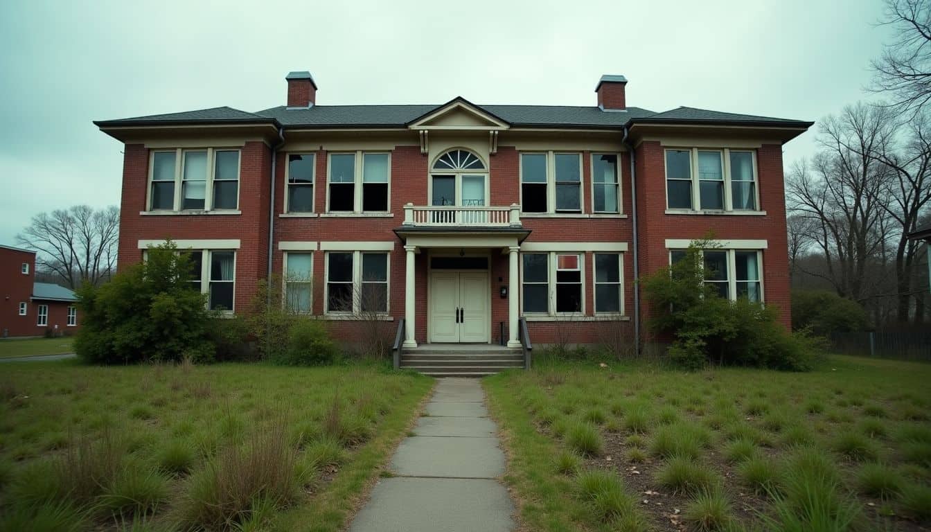 An abandoned school building in a neglected, overgrown neighborhood.