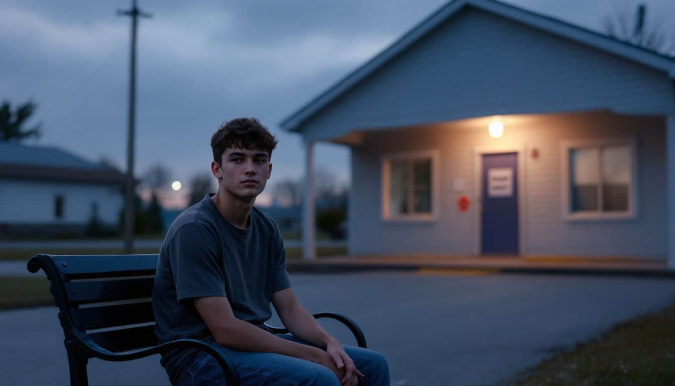 A young adult sits alone on a bench outside a closed clinic.