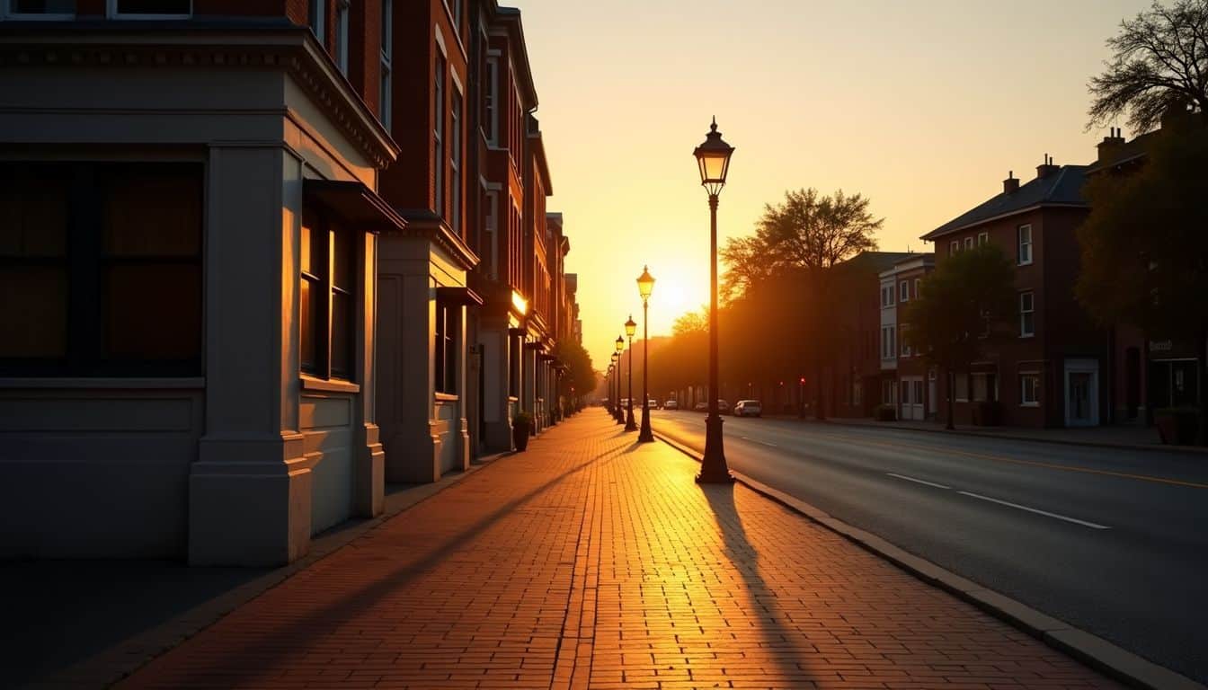 An empty city street with a single lamppost at sunset.