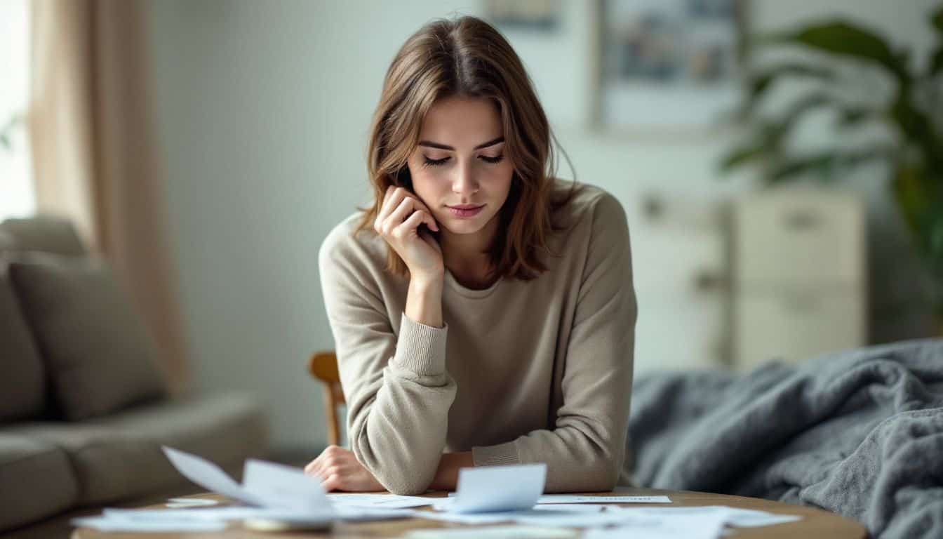 A woman sits in a room, surrounded by mental health resources.