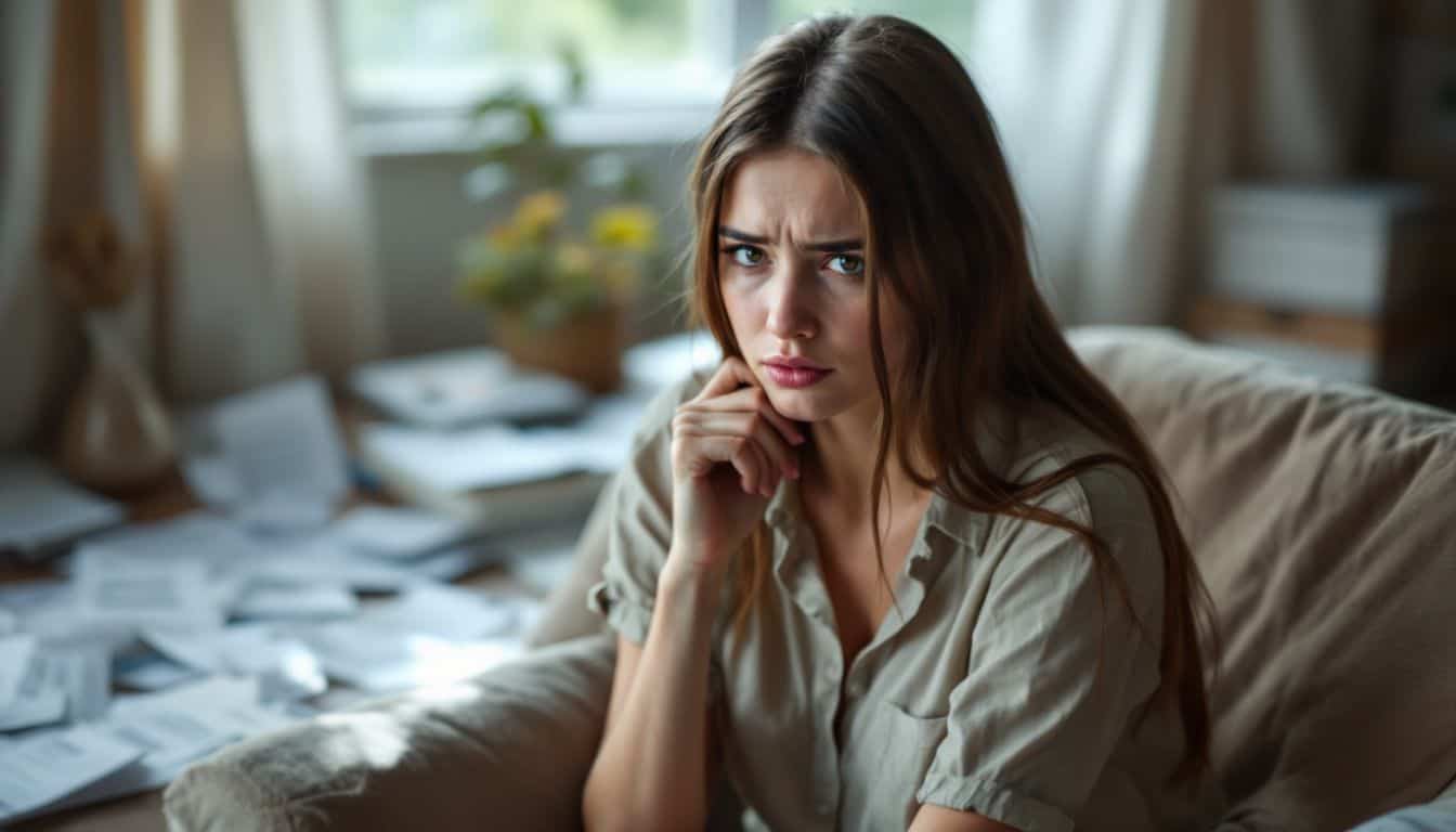 A woman sits in a room filled with unpaid bills, showing despair.