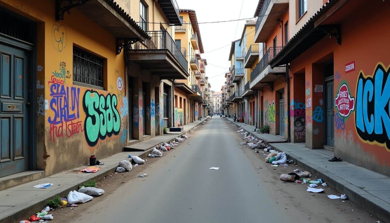 A photo of a neglected city street with graffiti and trash.