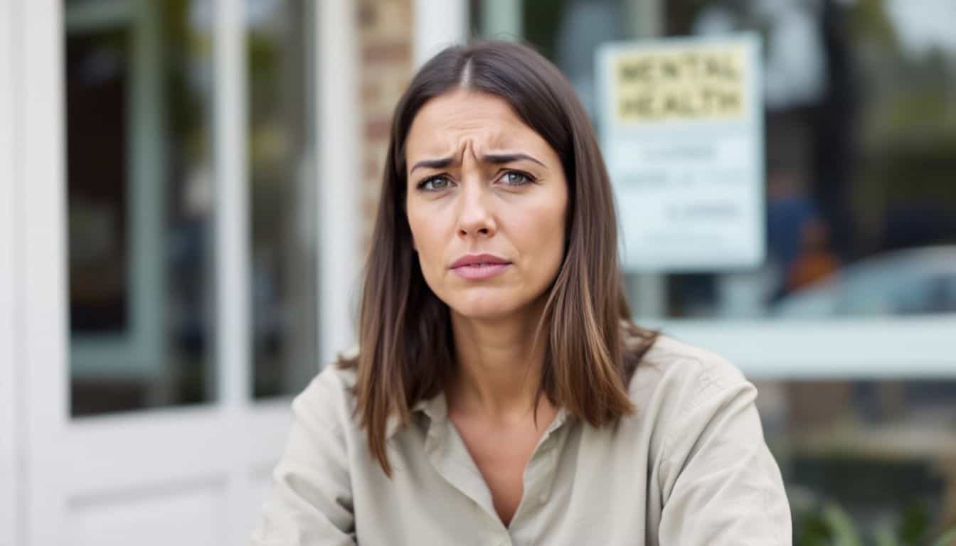 A woman in distress sits outside a closed mental health clinic.