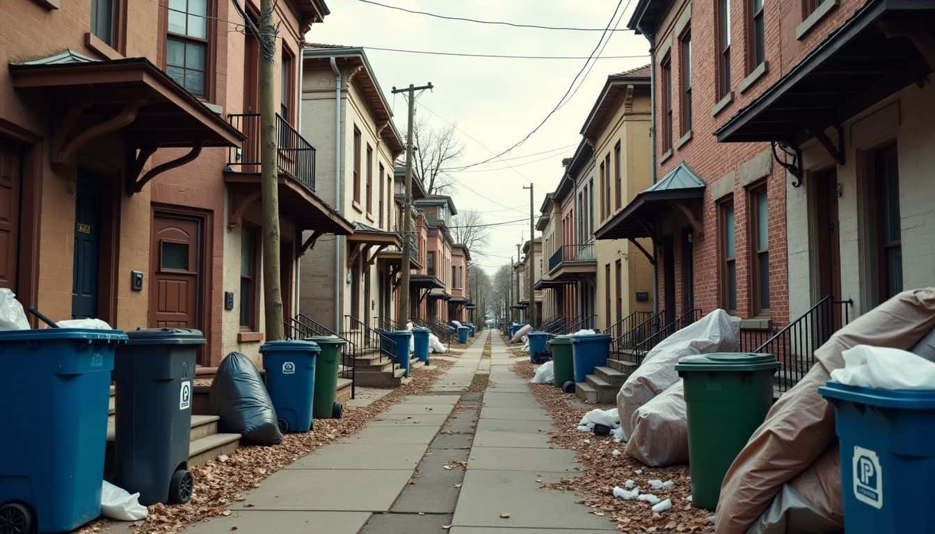 A rundown urban neighborhood with crumbling buildings and abandoned homes.