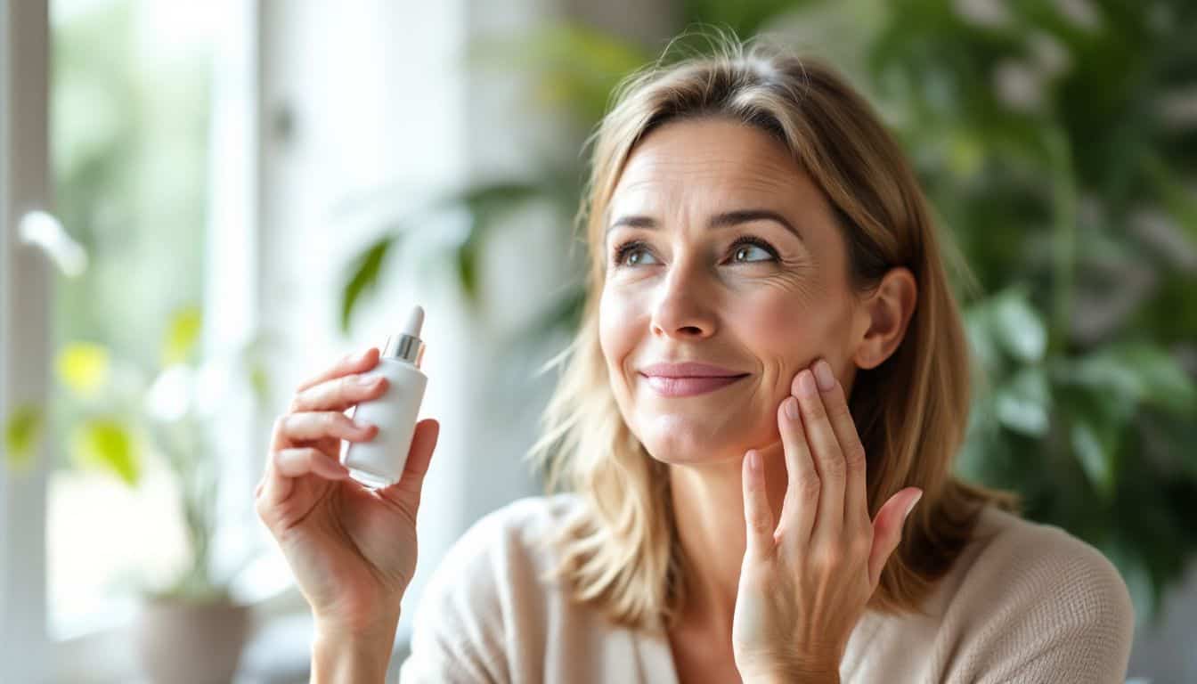 A middle-aged woman applies facial serum in a bright, plant-filled room.