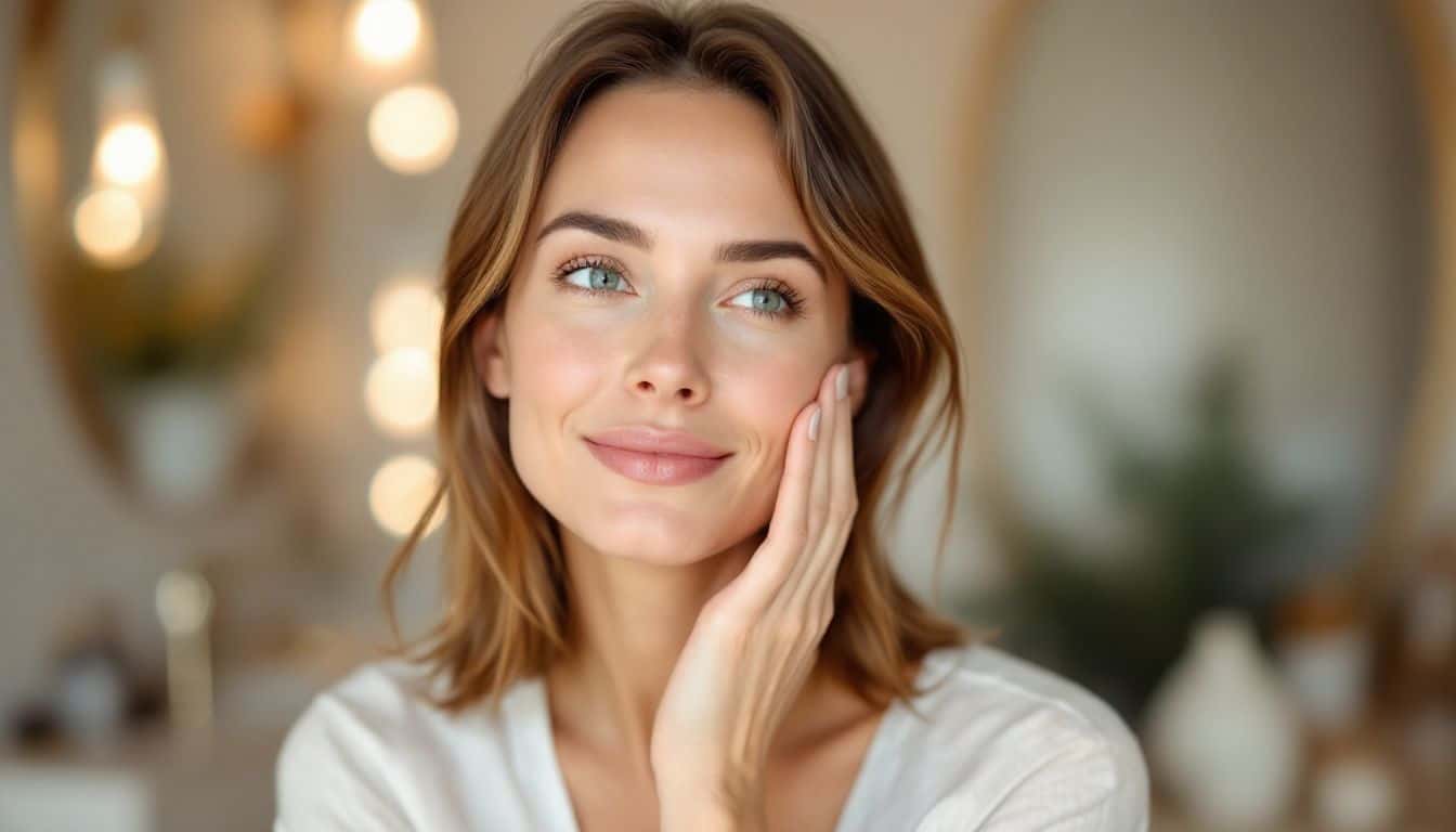 A woman in her mid-30s applies peptide-infused serum to her face.