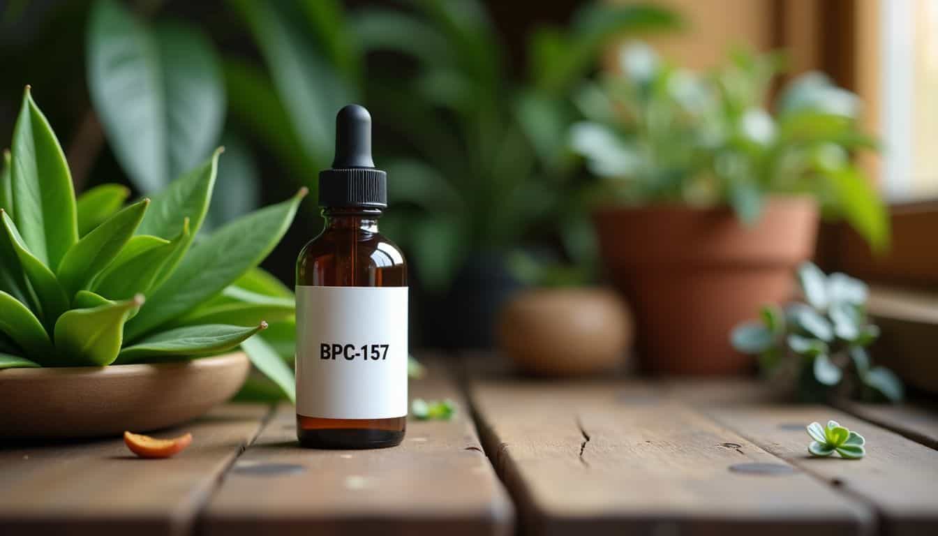 A bottle of BPC-157 peptides on a wooden table surrounded by plants.