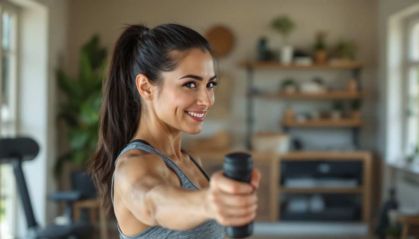 A fit woman in her 40s exercising in a home gym.