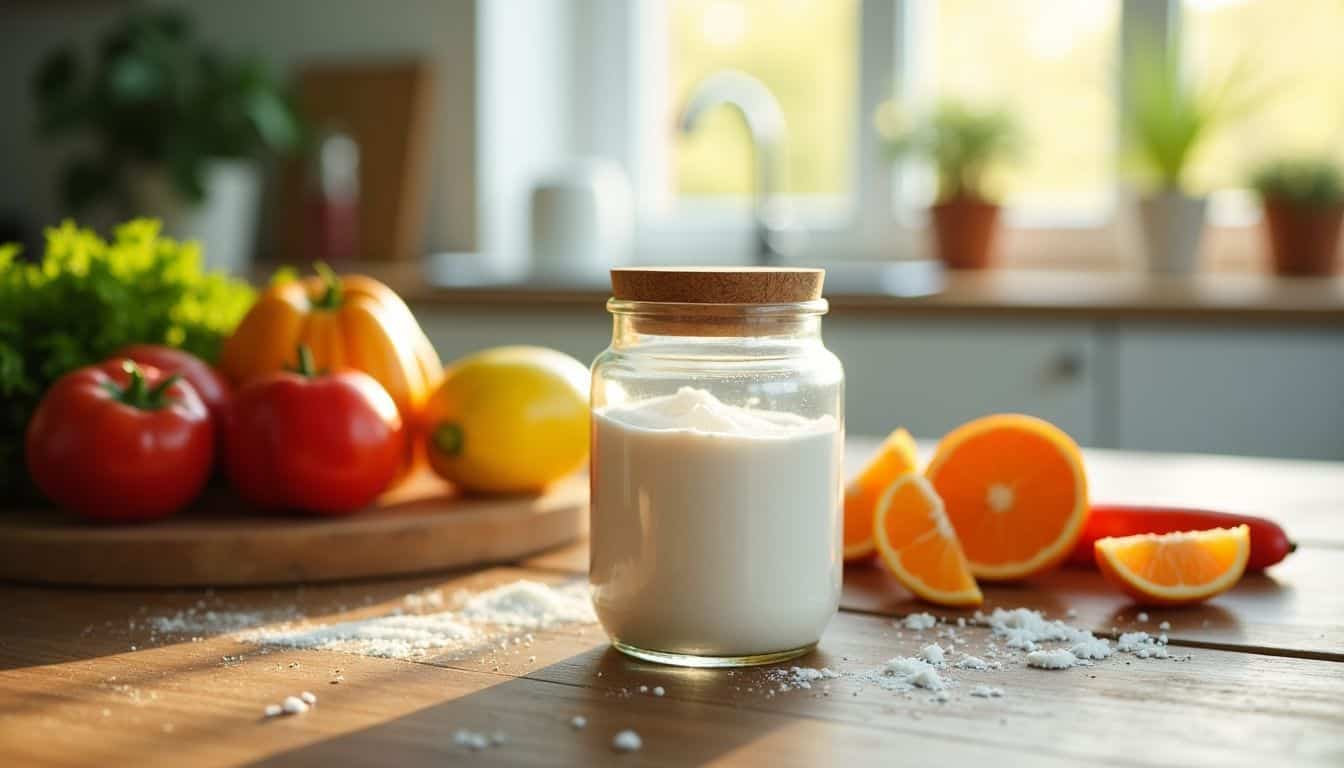 A glass jar of collagen peptide powder surrounded by fresh produce.