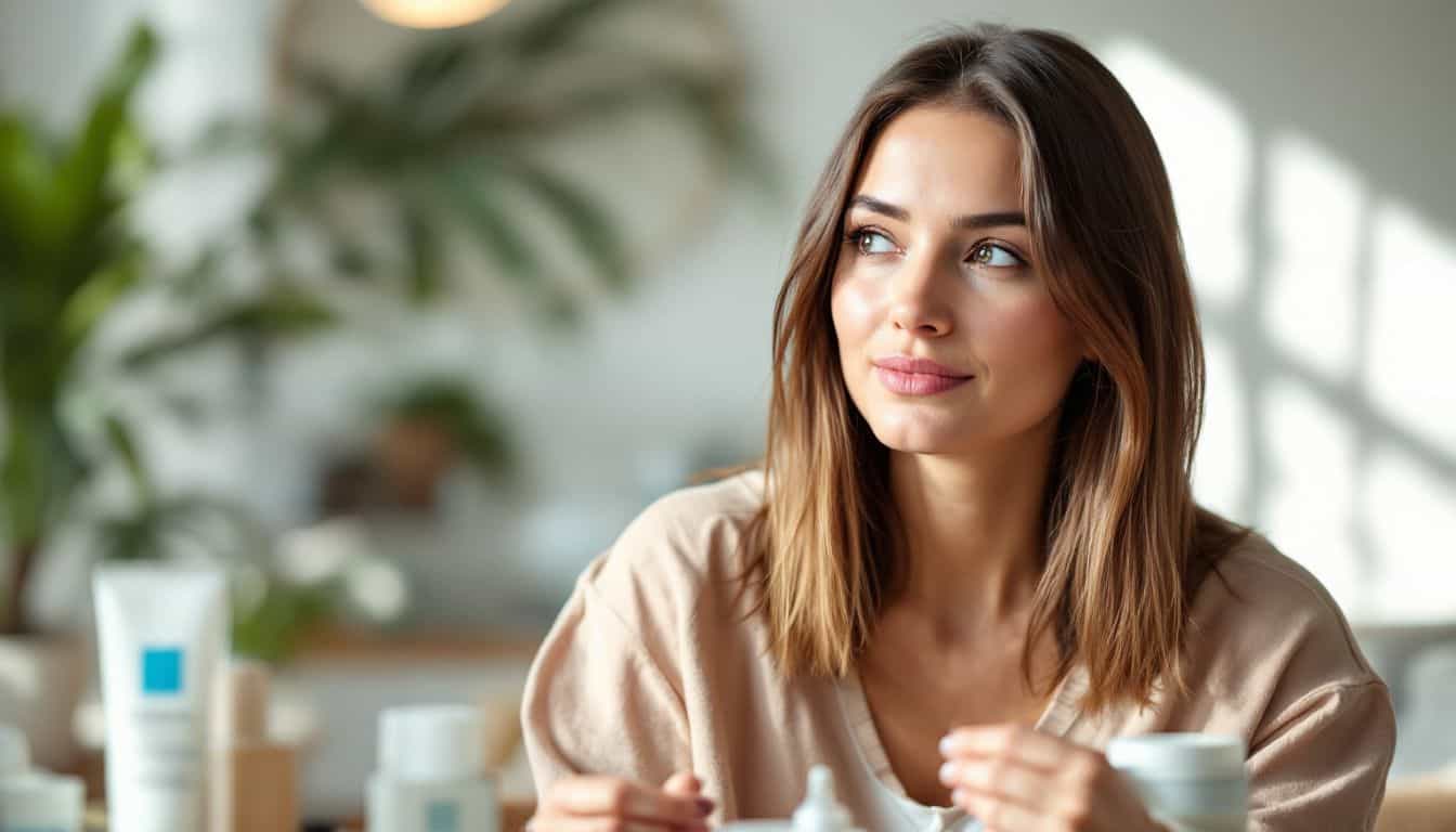 A woman in her 30s examines skincare products to choose a peptide product.