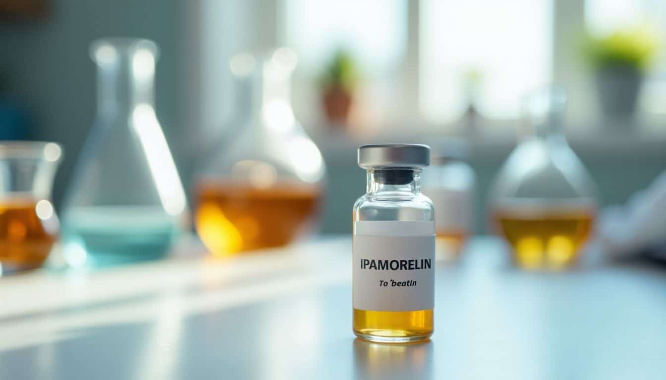 Close-up of Ipamorelin peptide vial on laboratory counter with equipment.