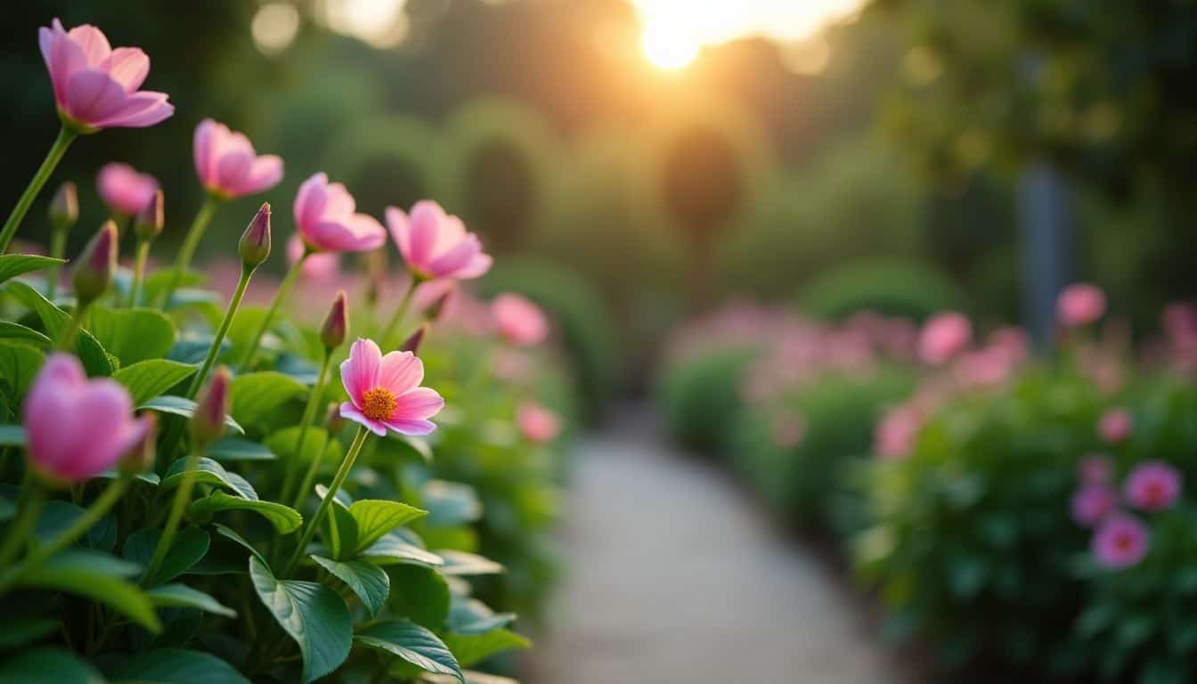 A calming botanical garden with blooming flowers and lush greenery.