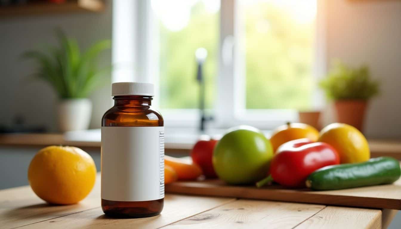 A bottle of weight loss peptides surrounded by fresh produce on a wooden table.