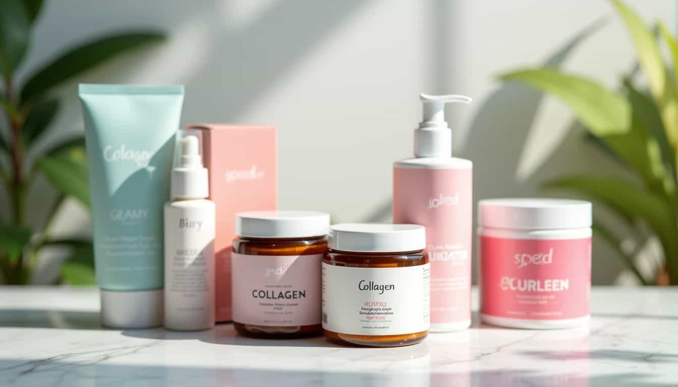 Various collagen products for women arranged on a marble countertop.