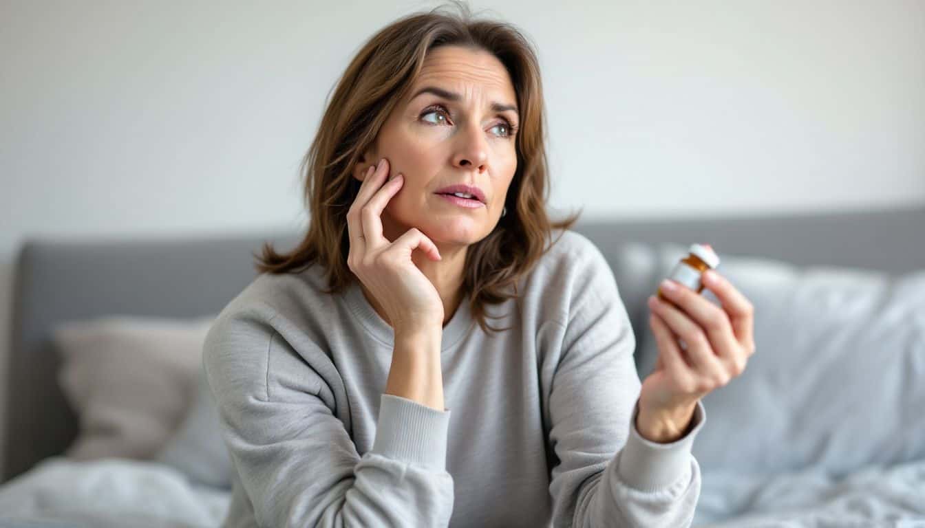 A woman holding antidepressants on her bed, deep in thought.